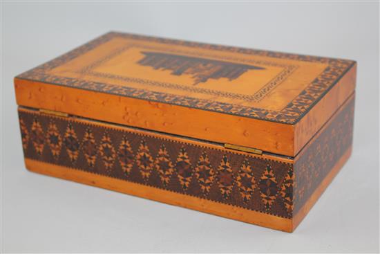 A Tunbridge ware birds eye maple Eridge Castle gaugework rectangular box, 8.5in.